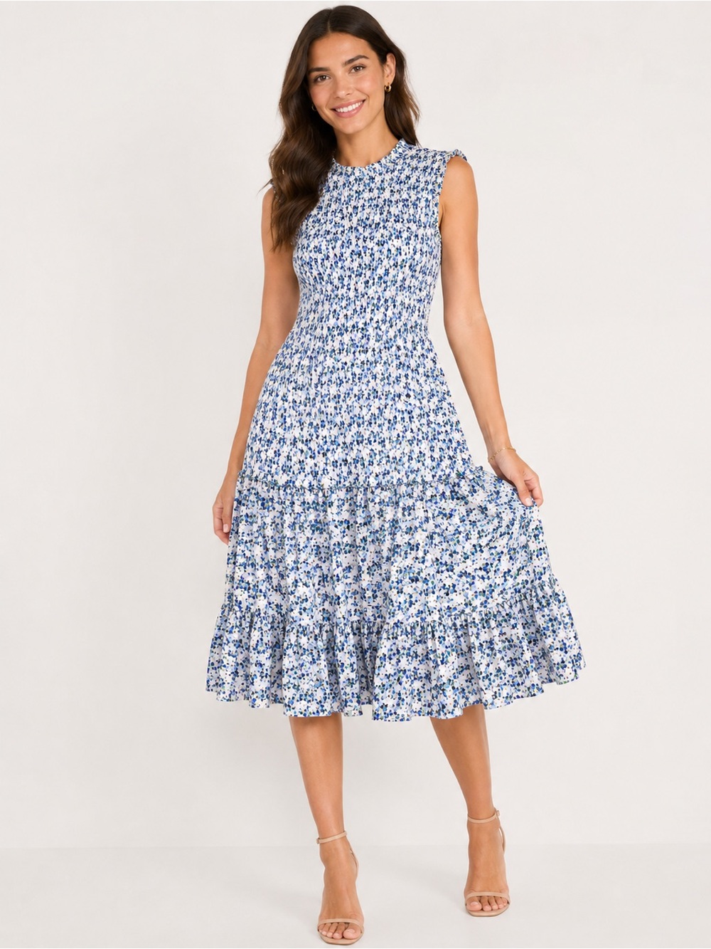 Veronica Beard Verena Smocked Dress Cobalt Multi Floral Cotton Midi Size 6